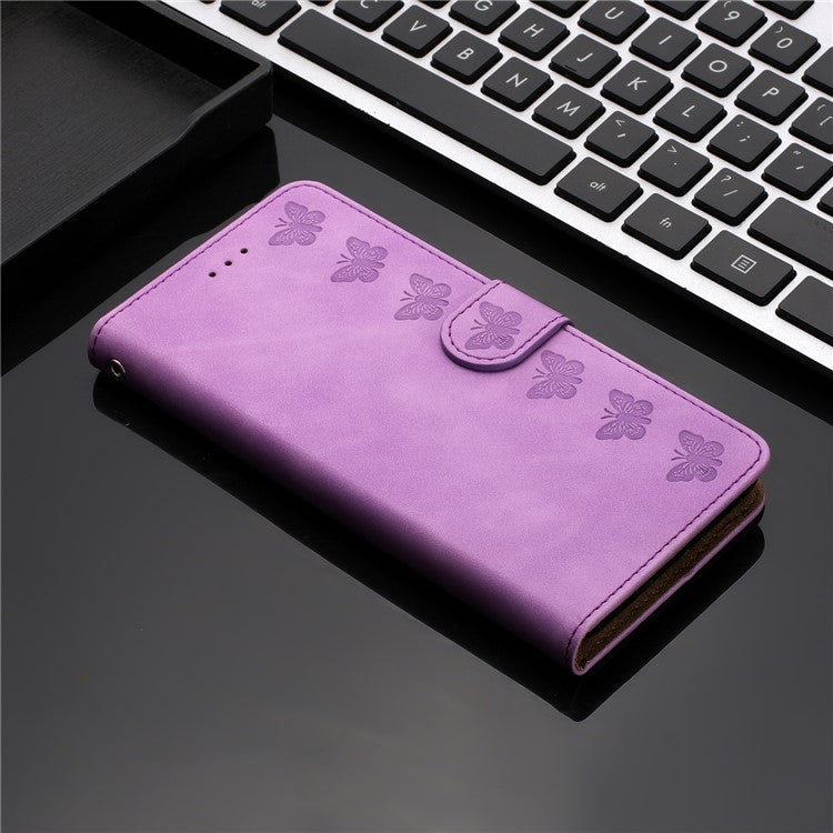 For Samsung Galaxy M32 (Global Version) 4G Butterfly Imprinted Phone Case Leather Wallet Flip Stand Cover - Purple
