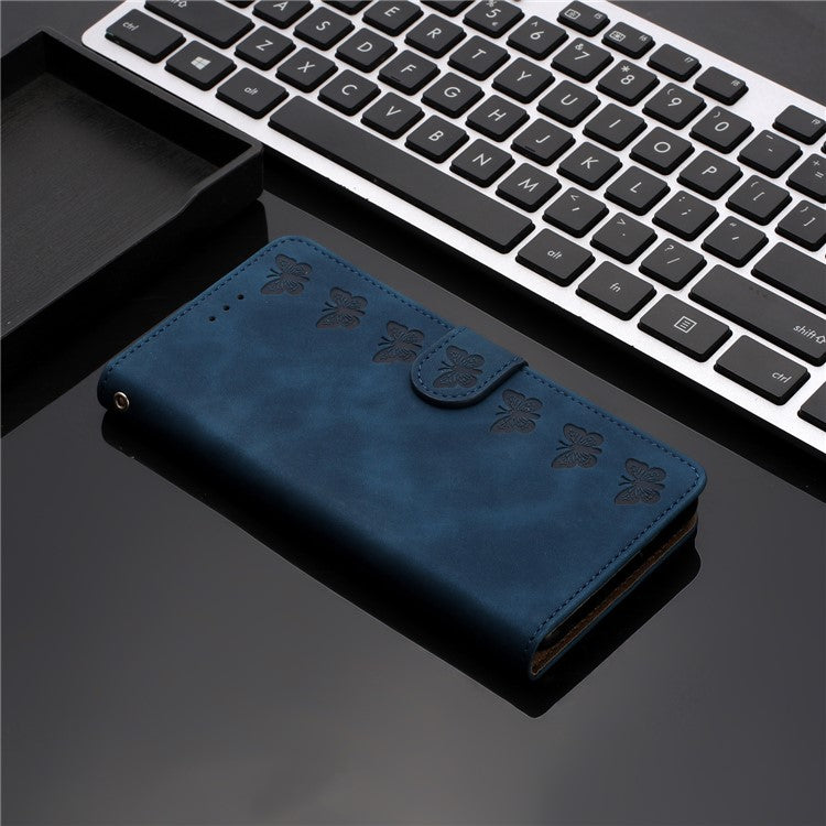 For Samsung Galaxy M32 (Global Version) 4G Butterfly Imprinted Phone Case Leather Wallet Flip Stand Cover - Blue