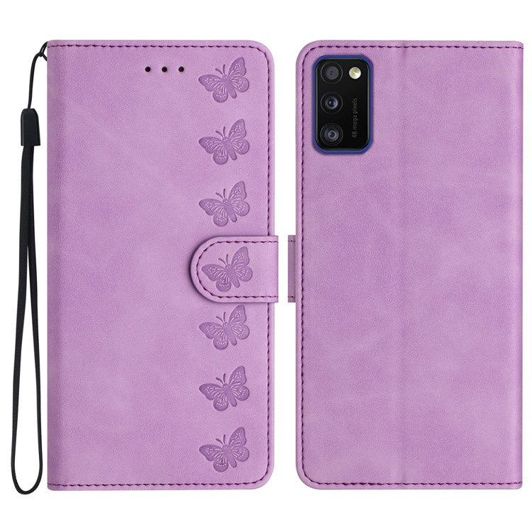 Leather Case for Samsung Galaxy A41 (Global Version) Butterfly Imprinted Phone Cover with Stand Wallet - Purple