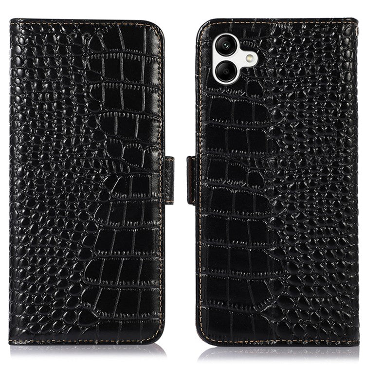 For Samsung Galaxy F14 5G RFID Blocking Phone Case Genuine Cowhide Leather Wallet Stand Cover - Black