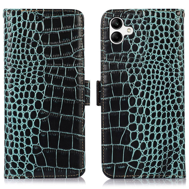 For Samsung Galaxy F14 5G RFID Blocking Phone Case Genuine Cowhide Leather Wallet Stand Cover - Green