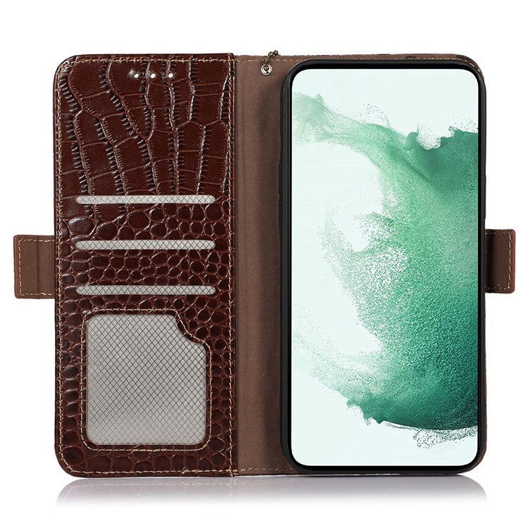 For Samsung Galaxy F14 5G RFID Blocking Phone Case Genuine Cowhide Leather Wallet Stand Cover - Brown