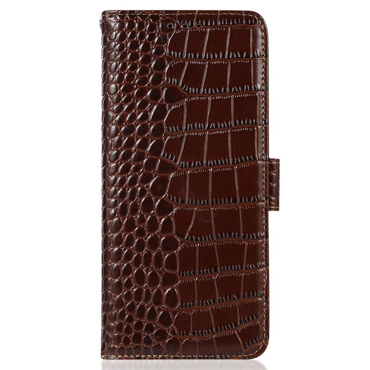 For Samsung Galaxy F14 5G RFID Blocking Phone Case Genuine Cowhide Leather Wallet Stand Cover - Brown