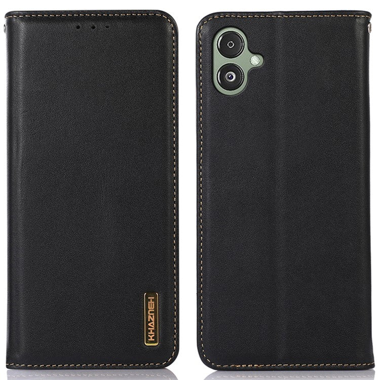 KHAZNEH For Samsung Galaxy F14 5G Stand Wallet Phone Case RFID Blocking Genuine Cowhide Leather Cover - Black