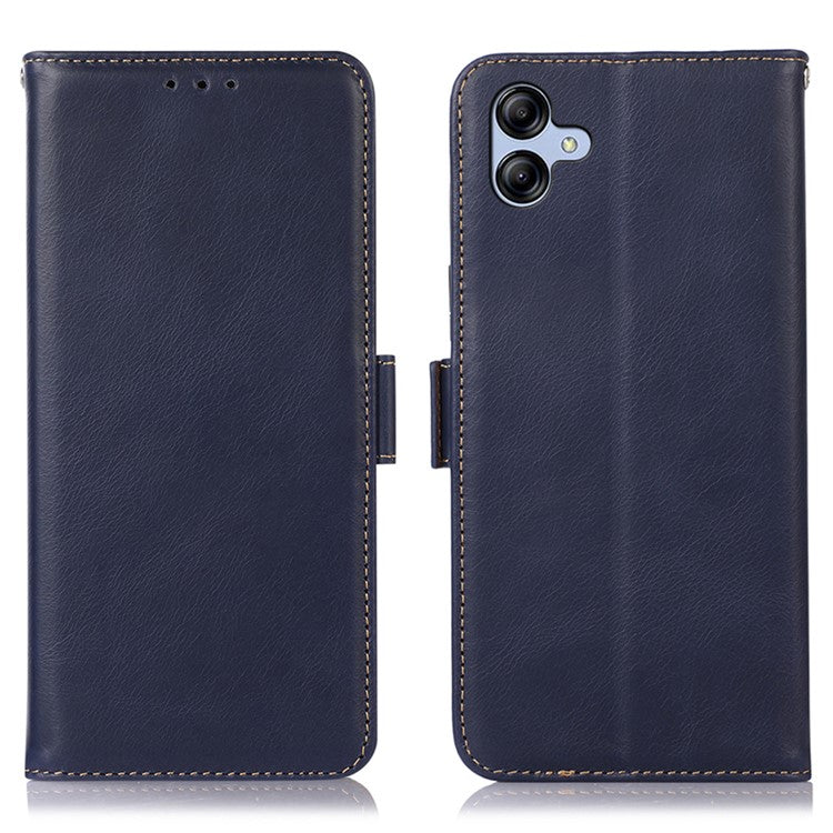 For Samsung Galaxy F14 5G RFID Blocking Phone Cover Genuine Cowhide Leather Case with Stand Wallet - Blue