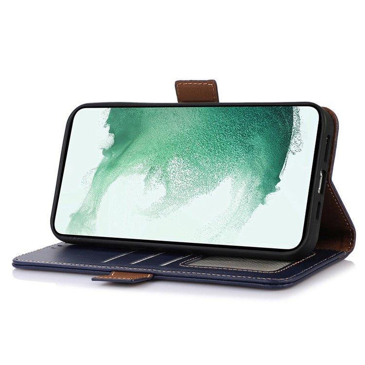 For Samsung Galaxy F14 5G RFID Blocking Phone Cover Genuine Cowhide Leather Case with Stand Wallet - Blue