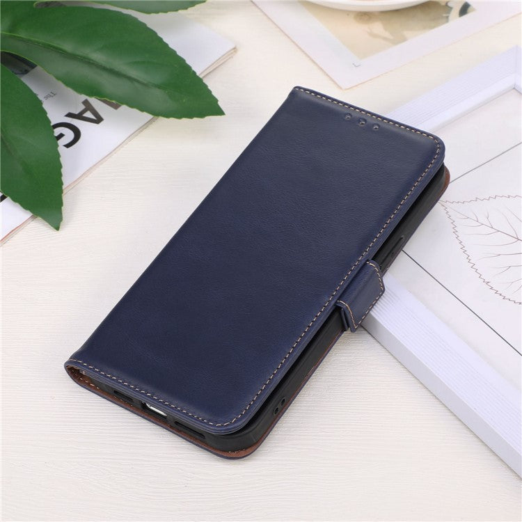 For Samsung Galaxy F14 5G RFID Blocking Phone Cover Genuine Cowhide Leather Case with Stand Wallet - Blue