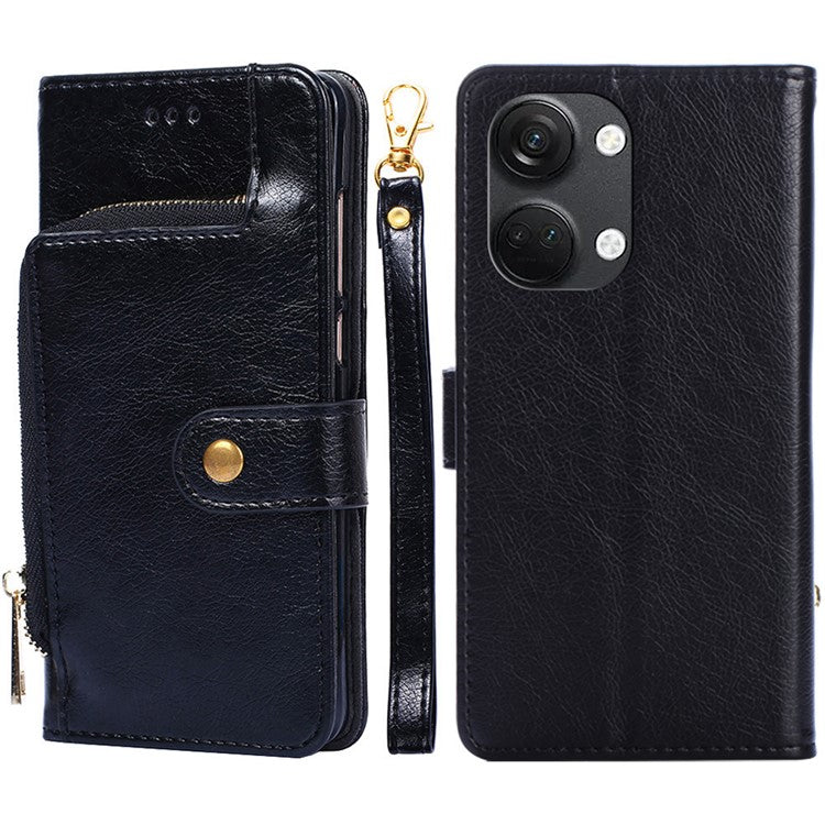Phone Case for OnePlus Nord 3 5G / Ace 2V 5G Zipper Pocket PU Leather Wallet Foldable Stand Cover with Strap - Black