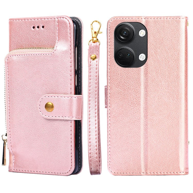 Phone Case for OnePlus Nord 3 5G / Ace 2V 5G Zipper Pocket PU Leather Wallet Foldable Stand Cover with Strap - Rose Gold