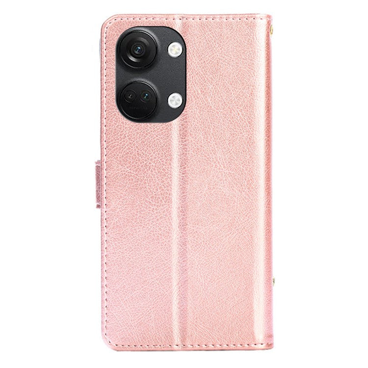 Phone Case for OnePlus Nord 3 5G / Ace 2V 5G Zipper Pocket PU Leather Wallet Foldable Stand Cover with Strap - Rose Gold