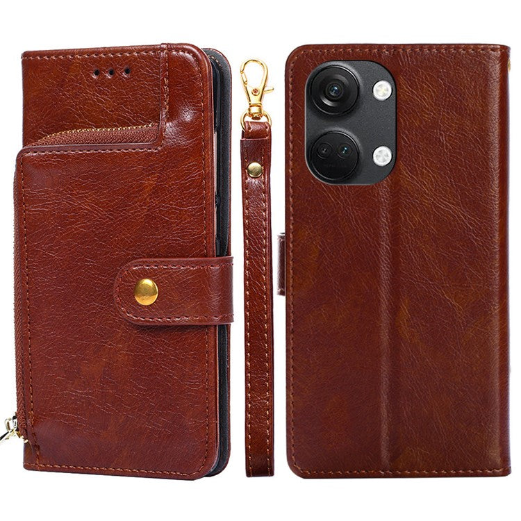 Phone Case for OnePlus Nord 3 5G / Ace 2V 5G Zipper Pocket PU Leather Wallet Foldable Stand Cover with Strap - Brown