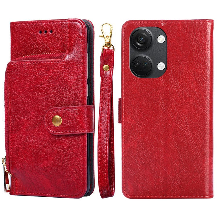 Phone Case for OnePlus Nord 3 5G / Ace 2V 5G Zipper Pocket PU Leather Wallet Foldable Stand Cover with Strap - Red