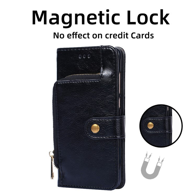 Phone Case for Oppo Find X6 Zipper Pocket Wallet Horizontal Stand PU Leather Cover with Strap - Black