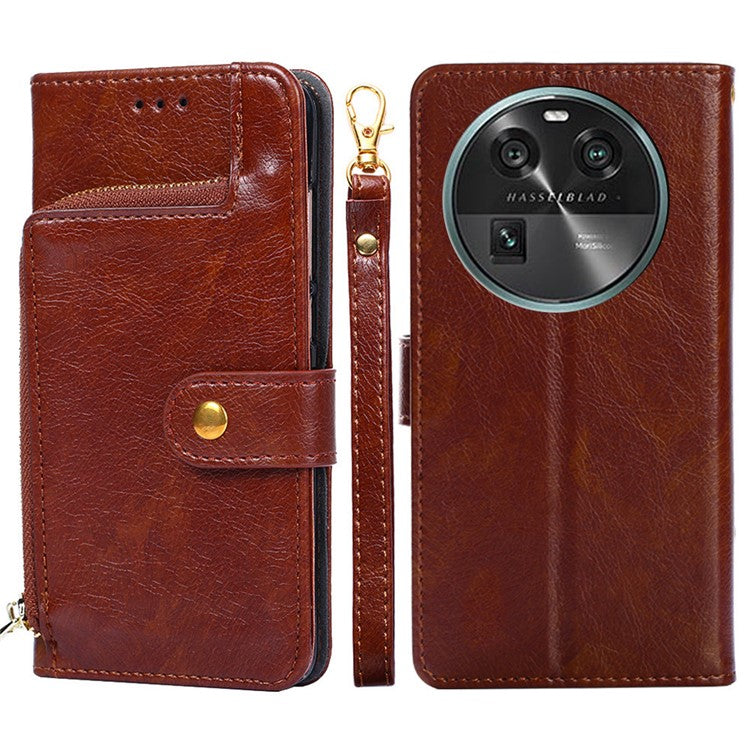 Phone Case for Oppo Find X6 Zipper Pocket Wallet Horizontal Stand PU Leather Cover with Strap - Brown