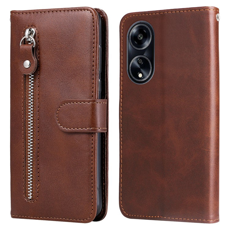 Leather Phone Case for Oppo A1 5G / A98 5G / F23 5G , Calf Texture Zipper Pocket Stand Shell Drop-proof Wallet Cover - Brown