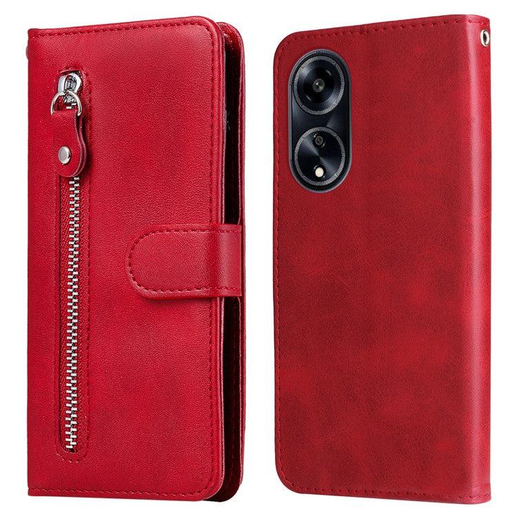 Leather Phone Case for Oppo A1 5G / A98 5G / F23 5G , Calf Texture Zipper Pocket Stand Shell Drop-proof Wallet Cover - Red