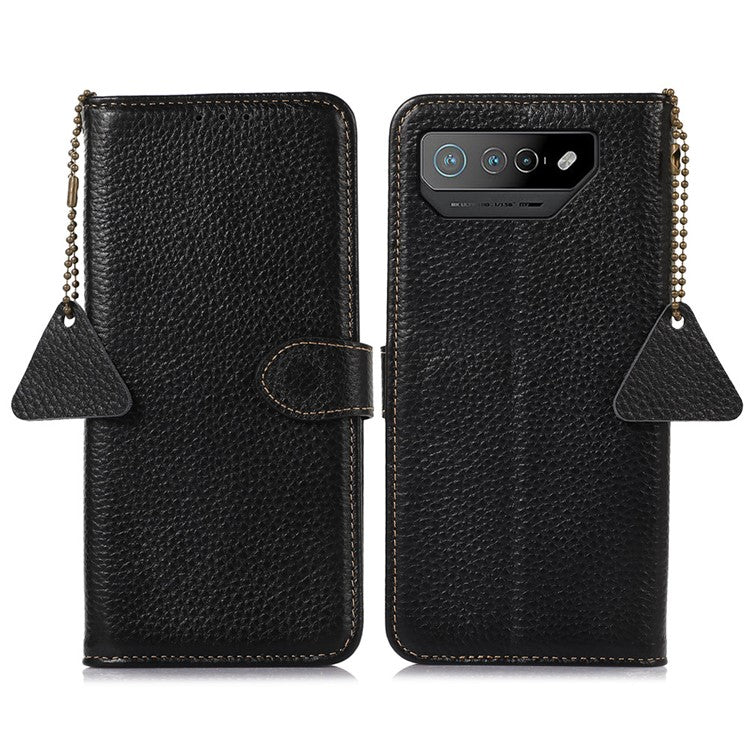 For Asus ROG Phone 7 5G / 7 Ultimate 5G Phone Case RFID Blocking Genuine Cow Leather Wallet Stand Cover - Black