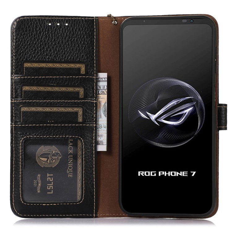 For Asus ROG Phone 7 5G / 7 Ultimate 5G Phone Case RFID Blocking Genuine Cow Leather Wallet Stand Cover - Black