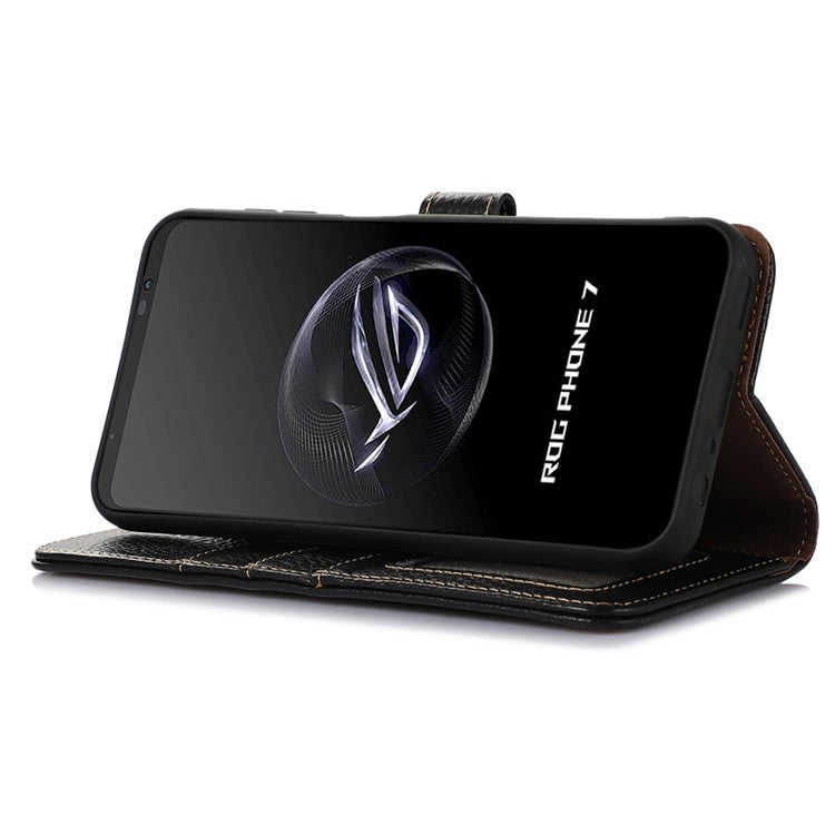 For Asus ROG Phone 7 5G / 7 Ultimate 5G Phone Case RFID Blocking Genuine Cow Leather Wallet Stand Cover - Black