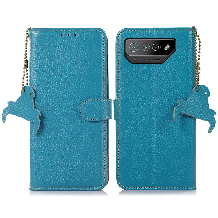 For Asus ROG Phone 7 5G / 7 Ultimate 5G Phone Case RFID Blocking Genuine Cow Leather Wallet Stand Cover - Blue
