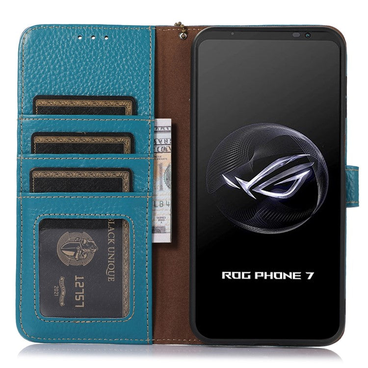 For Asus ROG Phone 7 5G / 7 Ultimate 5G Phone Case RFID Blocking Genuine Cow Leather Wallet Stand Cover - Blue