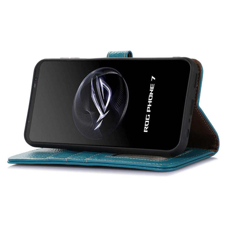 For Asus ROG Phone 7 5G / 7 Ultimate 5G Phone Case RFID Blocking Genuine Cow Leather Wallet Stand Cover - Blue