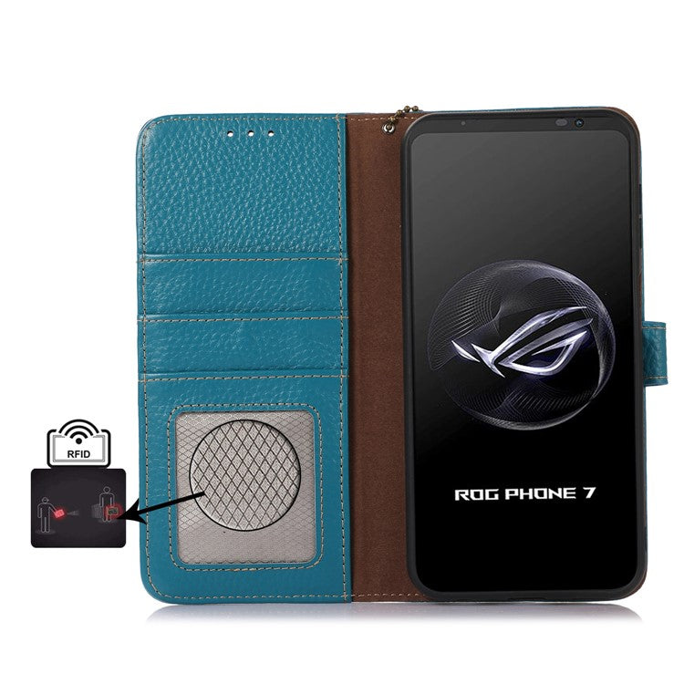 For Asus ROG Phone 7 5G / 7 Ultimate 5G Phone Case RFID Blocking Genuine Cow Leather Wallet Stand Cover - Blue