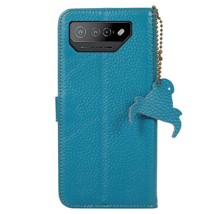 For Asus ROG Phone 7 5G / 7 Ultimate 5G Phone Case RFID Blocking Genuine Cow Leather Wallet Stand Cover - Blue