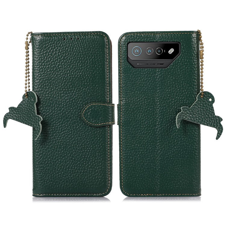 For Asus ROG Phone 7 5G / 7 Ultimate 5G Phone Case RFID Blocking Genuine Cow Leather Wallet Stand Cover - Green