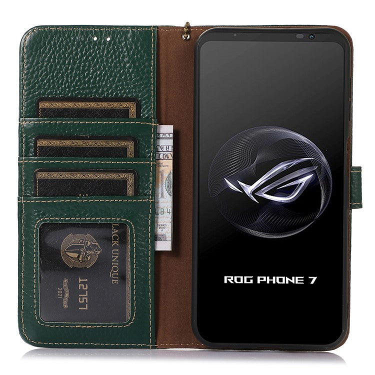 For Asus ROG Phone 7 5G / 7 Ultimate 5G Phone Case RFID Blocking Genuine Cow Leather Wallet Stand Cover - Green