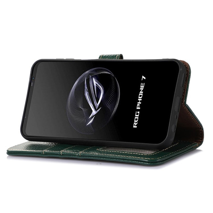 For Asus ROG Phone 7 5G / 7 Ultimate 5G Phone Case RFID Blocking Genuine Cow Leather Wallet Stand Cover - Green
