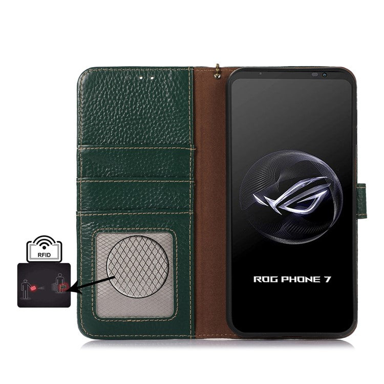 For Asus ROG Phone 7 5G / 7 Ultimate 5G Phone Case RFID Blocking Genuine Cow Leather Wallet Stand Cover - Green