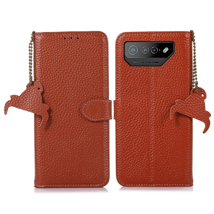 For Asus ROG Phone 7 5G / 7 Ultimate 5G Phone Case RFID Blocking Genuine Cow Leather Wallet Stand Cover - Brown