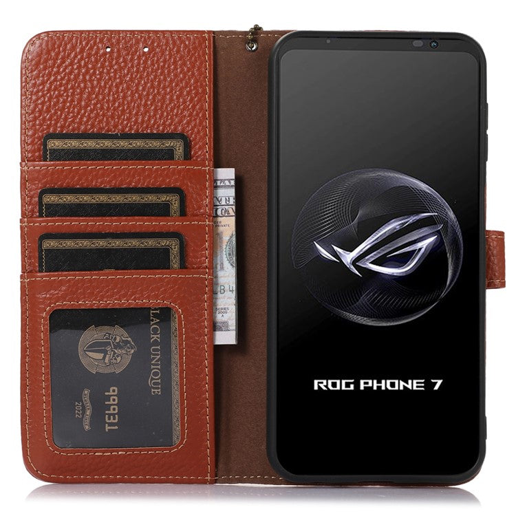 For Asus ROG Phone 7 5G / 7 Ultimate 5G Phone Case RFID Blocking Genuine Cow Leather Wallet Stand Cover - Brown