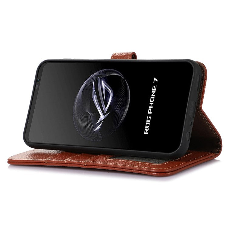 For Asus ROG Phone 7 5G / 7 Ultimate 5G Phone Case RFID Blocking Genuine Cow Leather Wallet Stand Cover - Brown