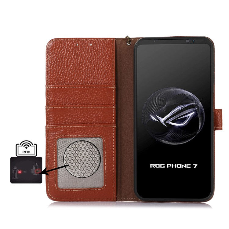 For Asus ROG Phone 7 5G / 7 Ultimate 5G Phone Case RFID Blocking Genuine Cow Leather Wallet Stand Cover - Brown