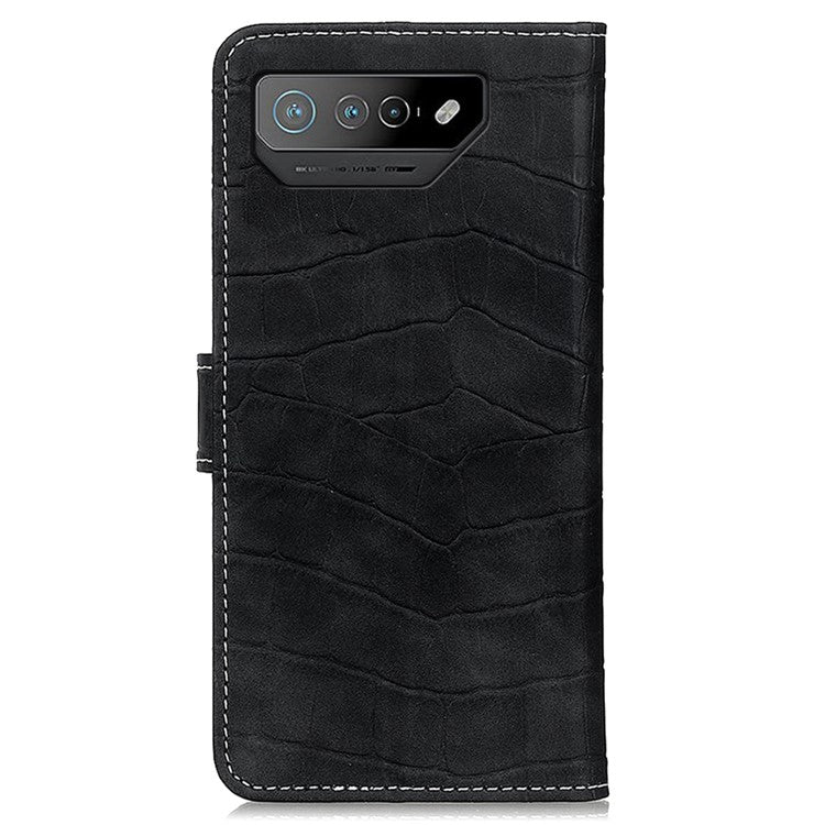 For Asus ROG Phone 7 5G Stand Wallet Phone Case Crocodile Texture PU Leather Cover - Black
