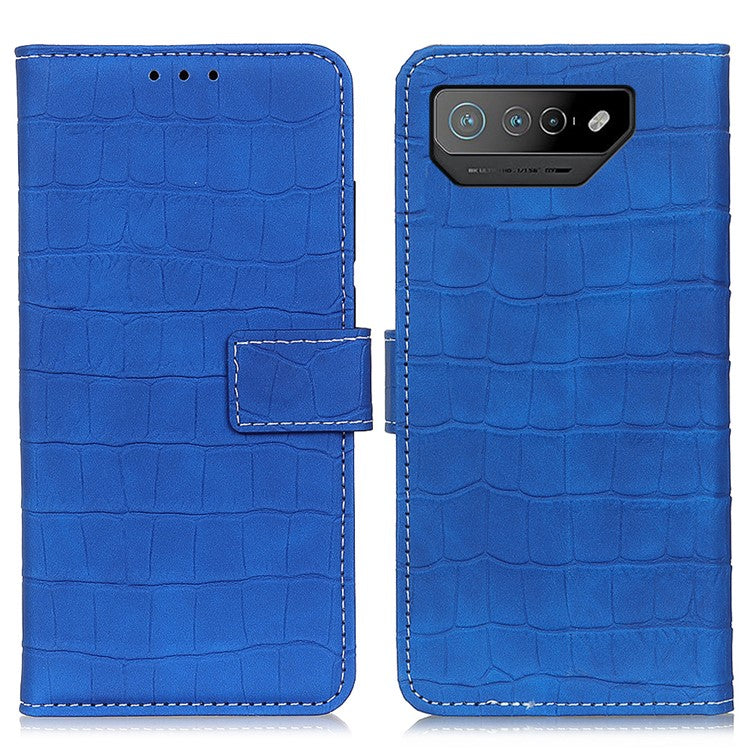 For Asus ROG Phone 7 5G Stand Wallet Phone Case Crocodile Texture PU Leather Cover - Blue