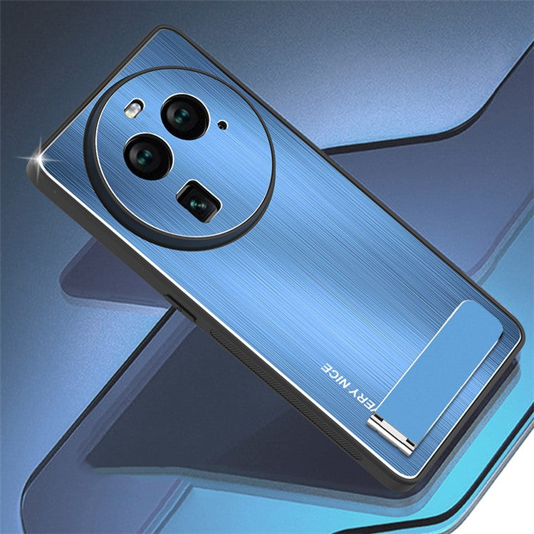 Phone Case for Oppo Find X6 TPU Bumper Aluminium Alloy Brushed Back Phone Cover with Kickstand - Blue