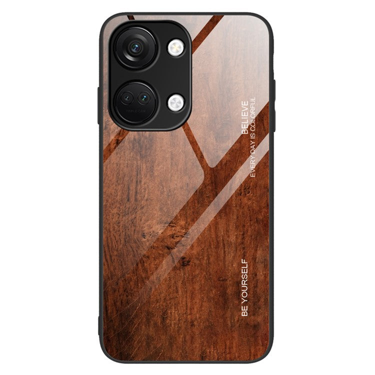 For OnePlus Nord 3 5G / Ace 2V Wooden Pattern Back Case Anti-Scratch TPU + Tempered Glass Phone Cover - Coffee