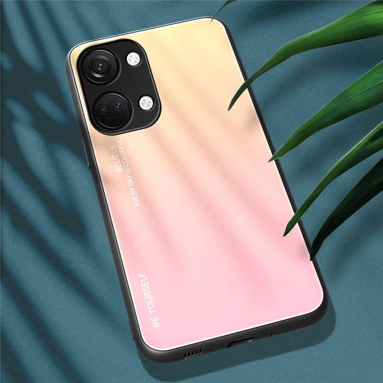 For OnePlus Nord 3 5G / Ace 2V Gradient Tempered Glass Back Shell PC + TPU Shock Protective Phone Case - Gold+Pink