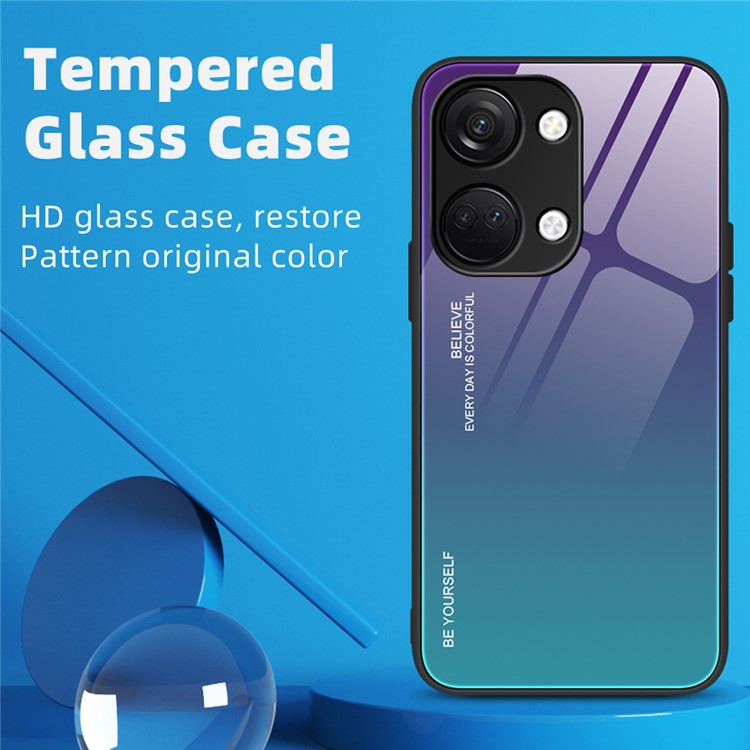 For OnePlus Nord 3 5G / Ace 2V Gradient Tempered Glass Back Shell PC + TPU Shock Protective Phone Case - Cyan+Blue