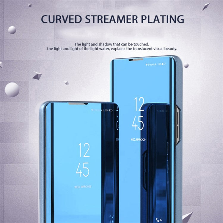 For Samsung Galaxy M14 5G View Window Mirror Surface Phone Case Electroplating Leather Phone Cover - Purple / Blue