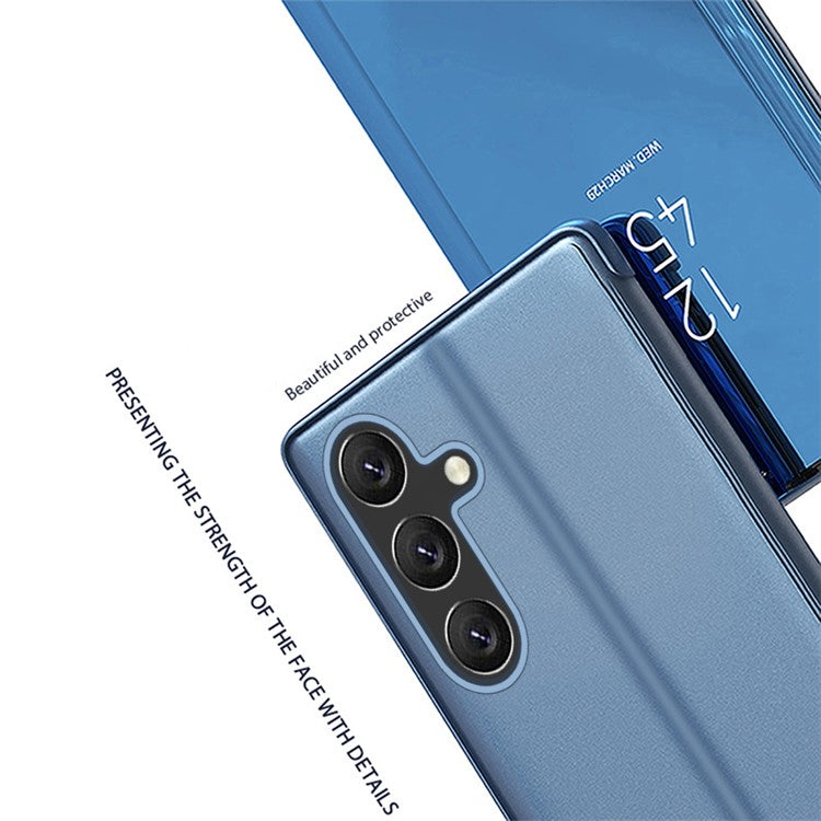 For Samsung Galaxy M14 5G View Window Mirror Surface Phone Case Electroplating Leather Phone Cover - Purple / Blue