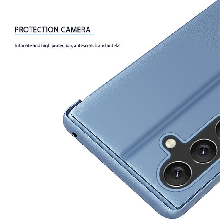 For Samsung Galaxy M14 5G View Window Mirror Surface Phone Case Electroplating Leather Phone Cover - Purple / Blue