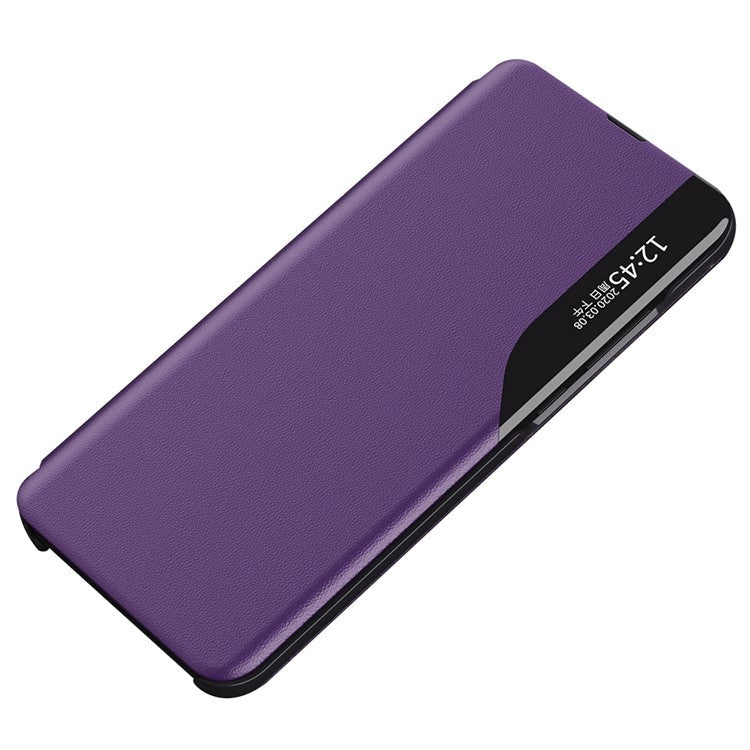 For Samsung Galaxy M14 5G View Window Phone Case PU Leather Phone Stand Cover - Purple