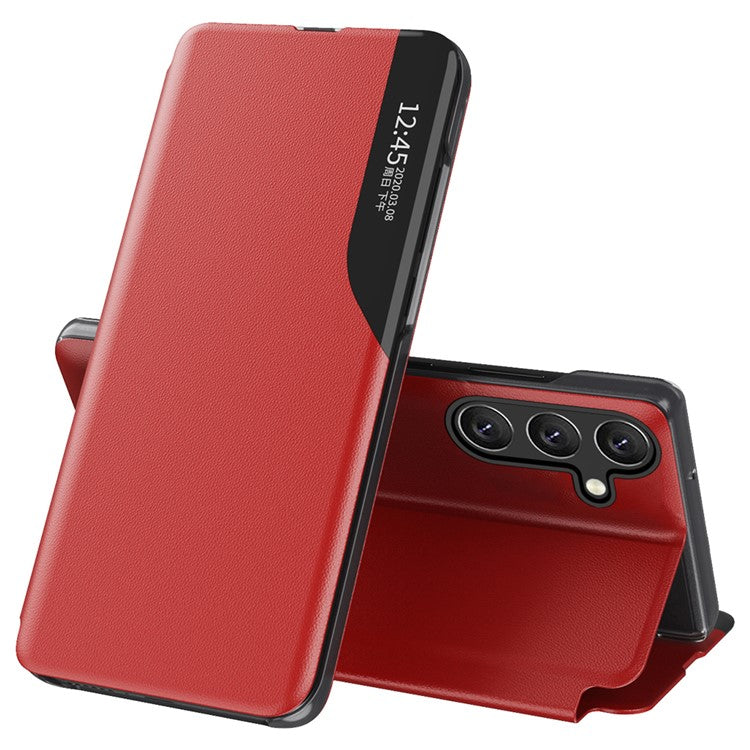 For Samsung Galaxy M14 5G View Window Phone Case PU Leather Phone Stand Cover - Red