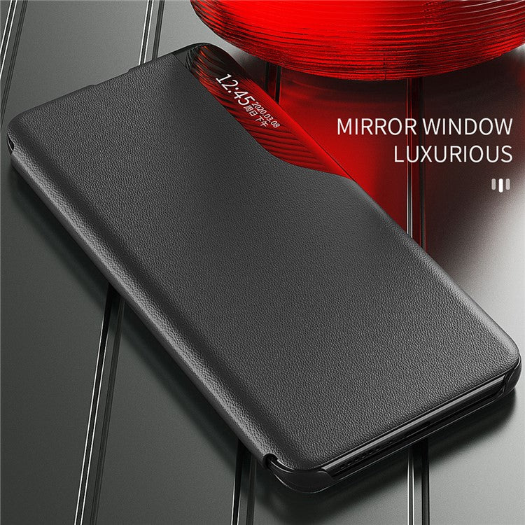 For Samsung Galaxy M14 5G View Window Phone Case PU Leather Phone Stand Cover - Red
