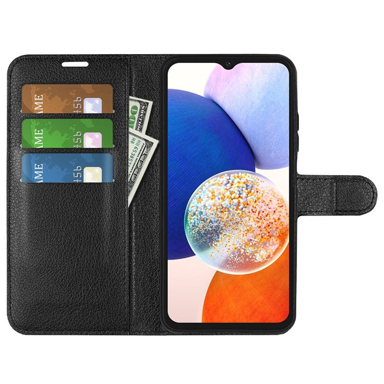 PU Leather Phone Shell for Samsung Galaxy M14 5G Litchi Texture Wallet Cover Stand Phone Case - Black