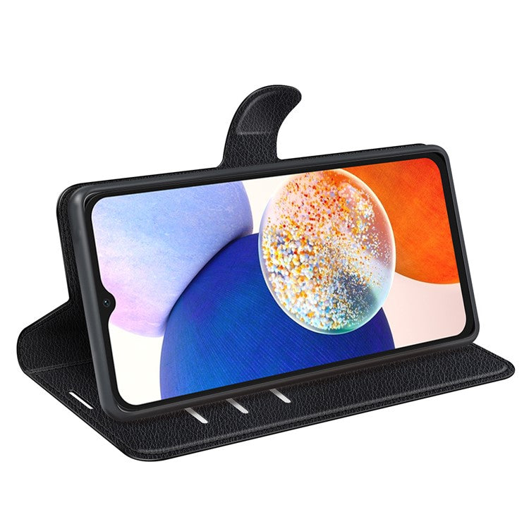 PU Leather Phone Shell for Samsung Galaxy M14 5G Litchi Texture Wallet Cover Stand Phone Case - Black